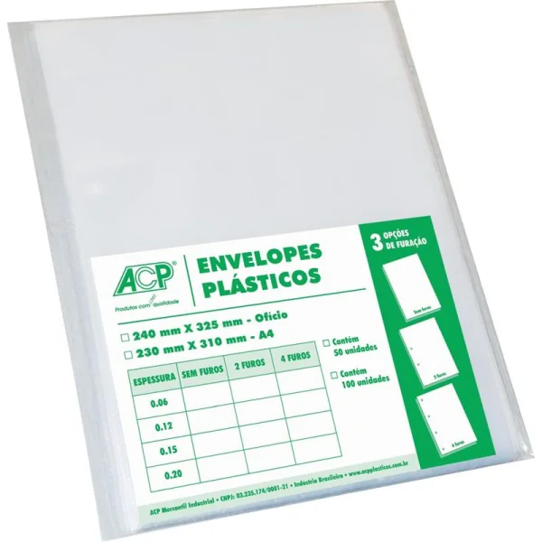 ENVELOPE PLÁSTICO 4 FUROS OFÍCIO 0,10MM - ACP