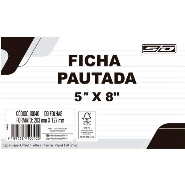 FICHA PAUTADA 5X8 12,7X20,3CM - 100 UNIDADES