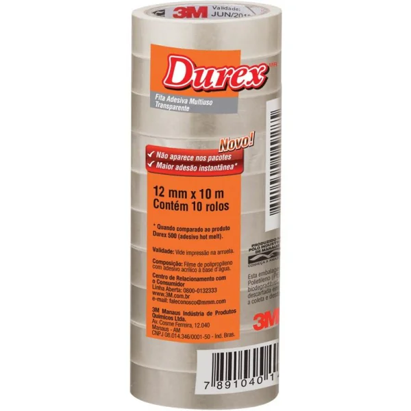 FITA ADESIVA DUREX TRANSPARENTE 12MMX10M - 3M
