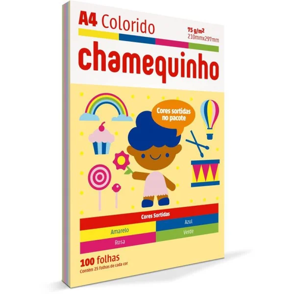 PAPEL SULFITE A4 COLORIDO CHAMEQUINHO 75G - 4 CORES (100 folhas)