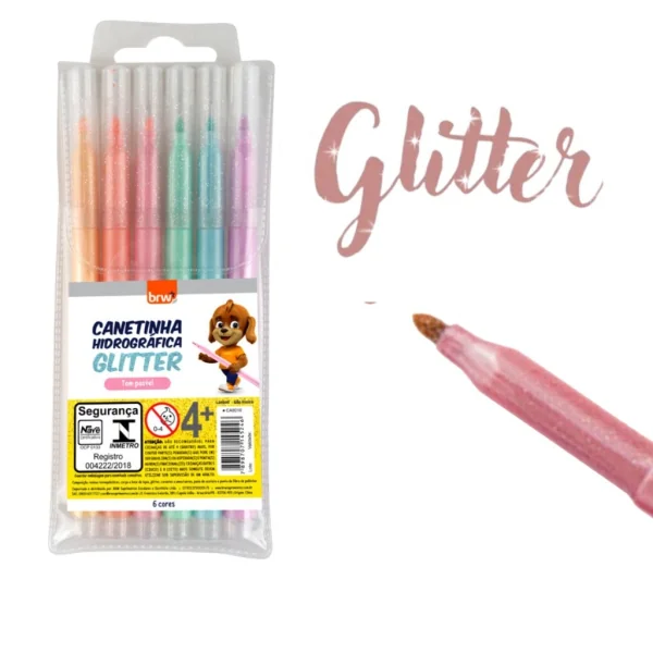 CANETINHA HIDROGRÁFICA GLITTER TOM PASTEL - BLISTER C/ 6 CORES