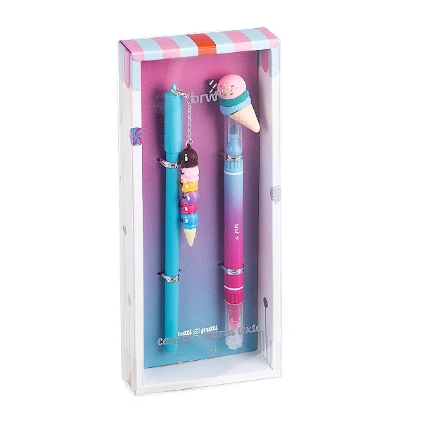 CAIXA PRESENTE - CANETA ESFEROGRÁFICA DIVERT 0.7MM + MARCA TEXTO DUPLO - TUTTI FRUTTI