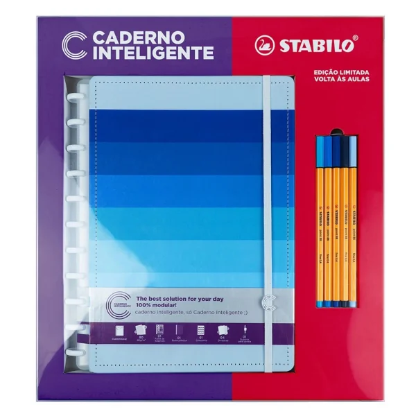 COMBO CADERNO INTELIGENTE SHADES OF BLUE + 5 STABILO POINT88