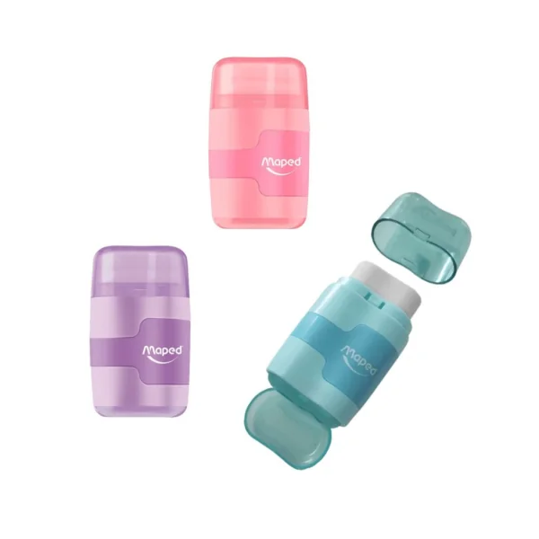 APONTADOR COM BORRACHA CONNECT PASTEL 2 FUROS CORES SORTIDAS