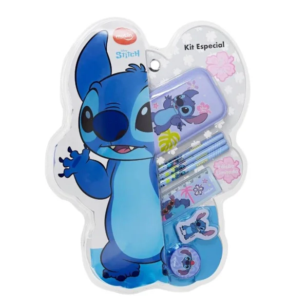KIT ESPECIAL STITCH COM 7 ITENS (ESTOJO, 03 LAP, BORR, APONT, RÉGUA)