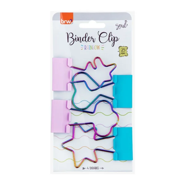 CLIPES PARA PAPEL BINDER 25MM - BLISTER COM 4 UN - RAINBOW: UNICORNIO, ESTRELA, NUVEM E CORAÇÃO