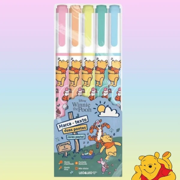 MARCA TEXTO DUAS PONTAS CORES PASTEL URSINHO POOH - ESTOJO C/ 5 CORES