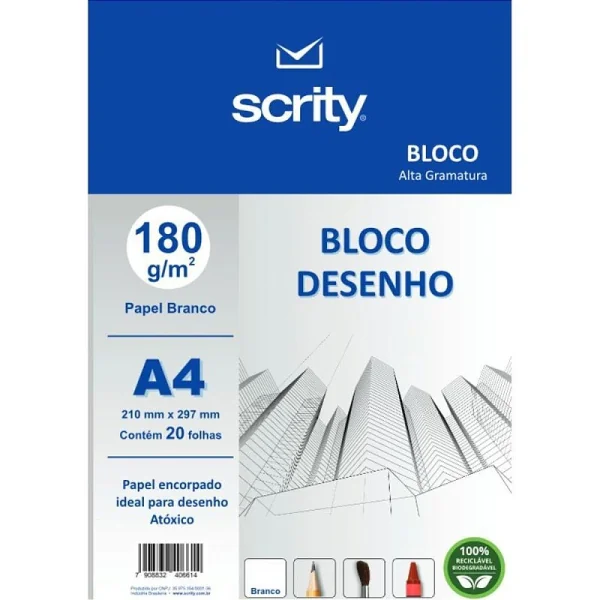 BLOCO PARA EDUCACAO ARTISTICA DESENHO A4 BRANCO 180G 20FLS. SCRITY
