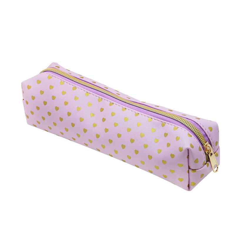 ESTOJO ESTAMPADO C/POMPOM - LILAS E CORAÇÃO BRANCO