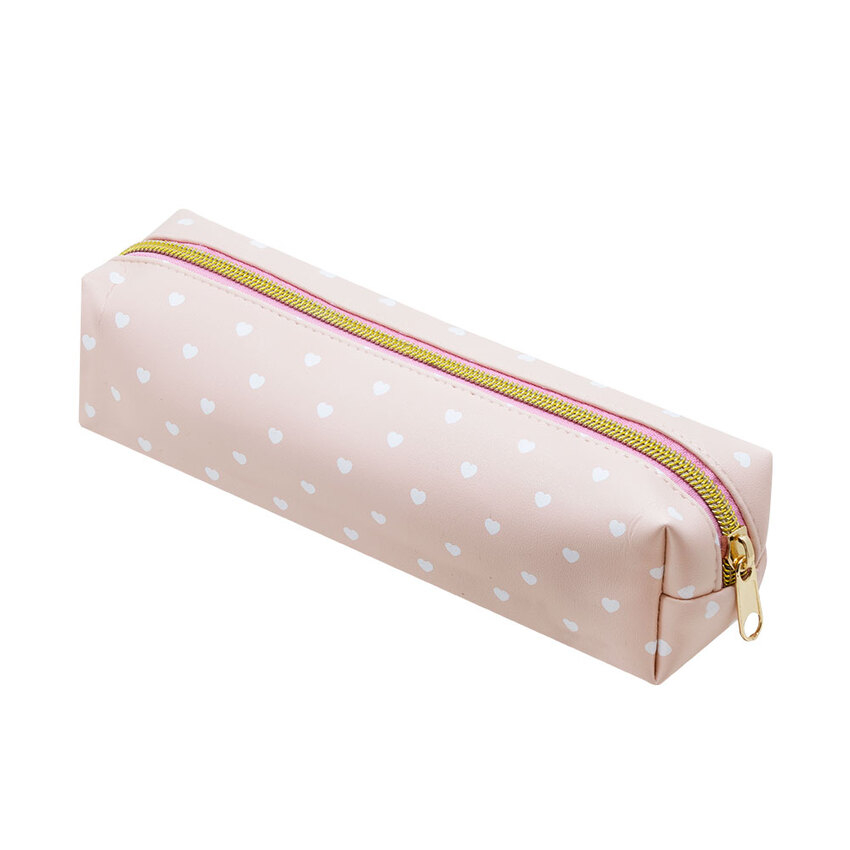 ESTOJO ESTAMPADO C/POMPOM - ROSA E CORAÇÃO BRANCO
