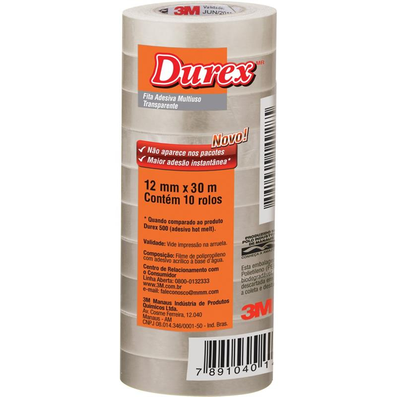 FITA ADESIVA DUREX TRANSPARENTE 12MMX30M - 3M