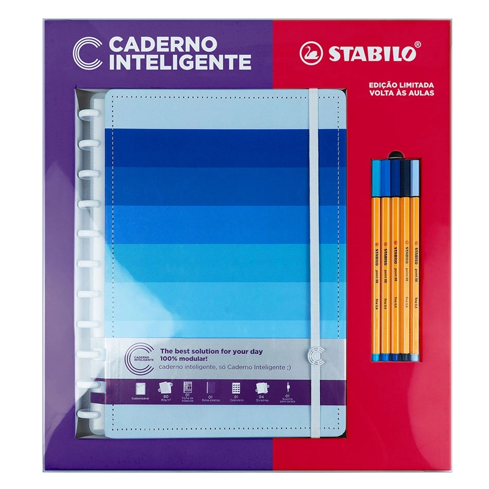 COMBO CADERNO INTELIGENTE SHADES OF BLUE + 5 STABILO POINT88