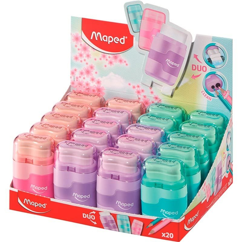 APONTADOR COM BORRACHA CONNECT PASTEL 2 FUROS CORES SORTIDAS