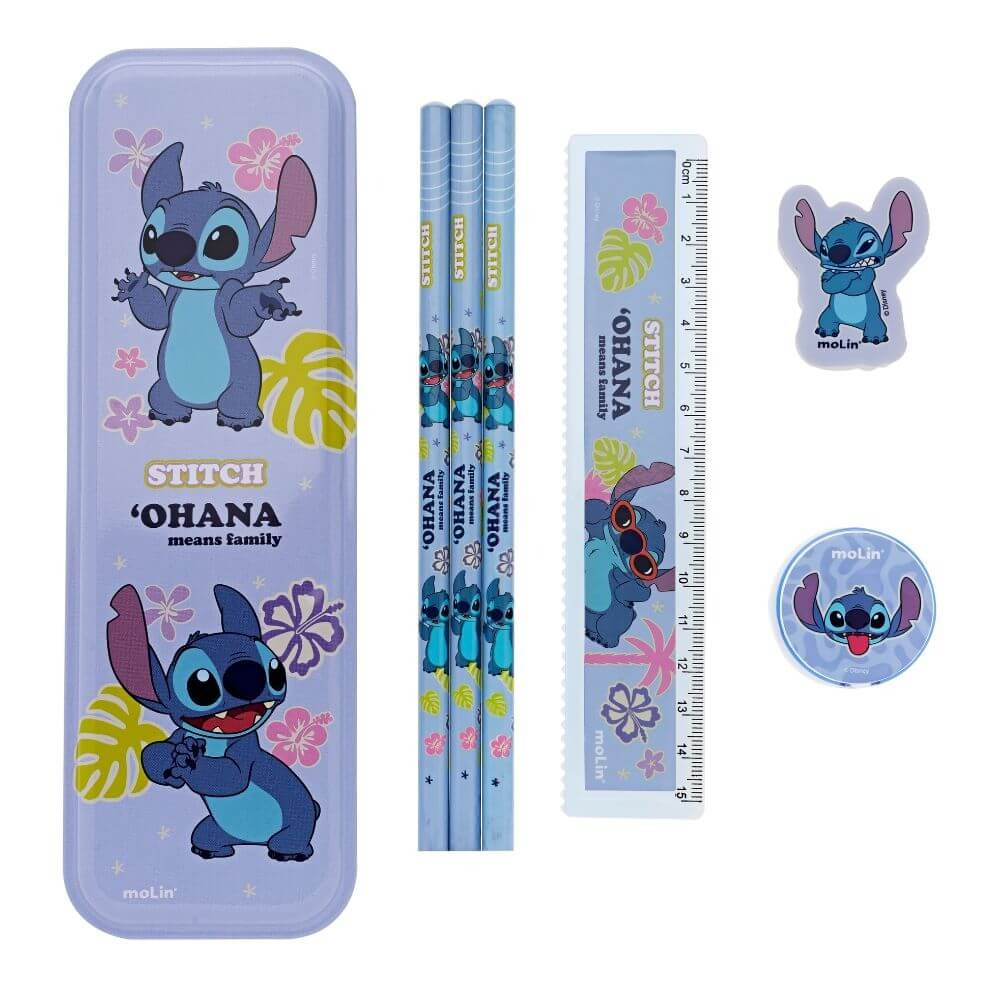 KIT ESPECIAL STITCH COM 7 ITENS (ESTOJO, 03 LAP, BORR, APONT, RÉGUA)