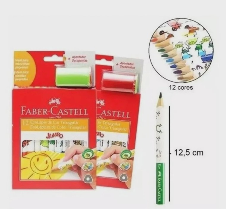 ECOLAPIS JUMBO TRIANGULAR COM APONTADOR 12 CORES FABER-CASTELL