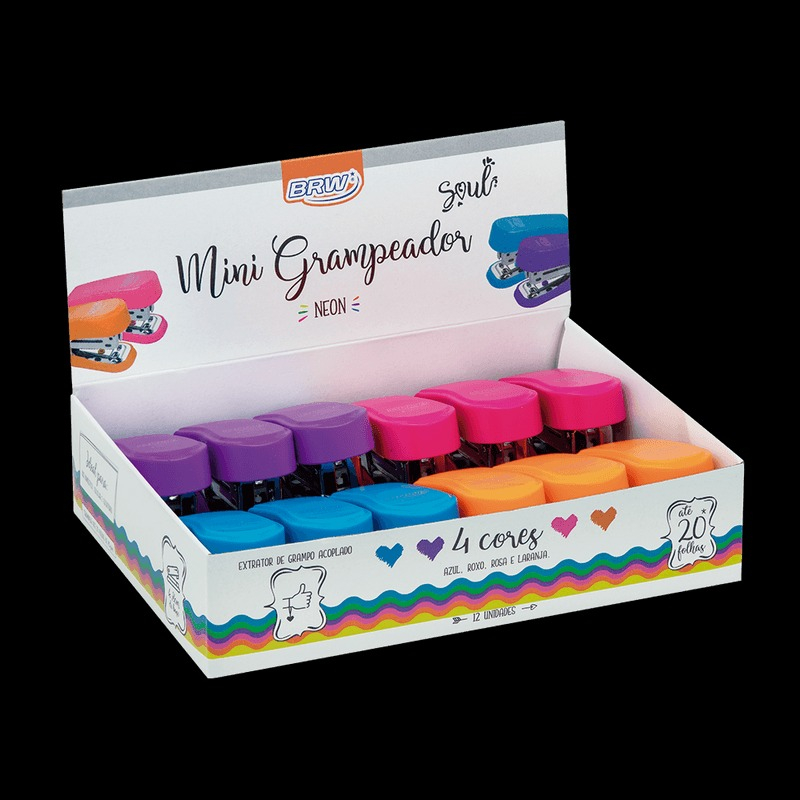 GRAMPEADOR PLÁSTICO MINI PARA 20FLS - BASE DE 6,8CM - CORES NEON