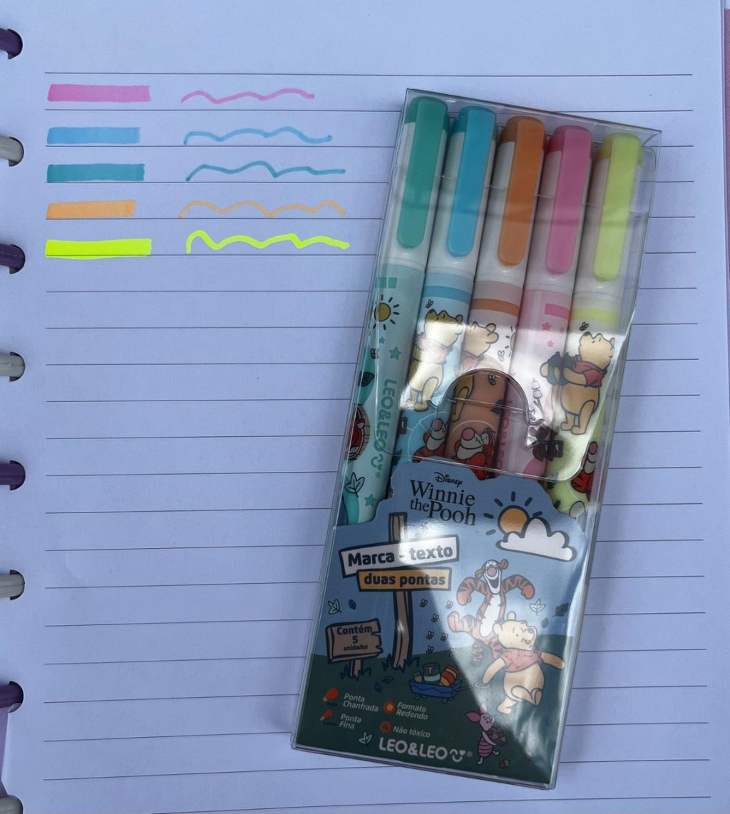 MARCA TEXTO DUAS PONTAS CORES PASTEL URSINHO POOH - ESTOJO C/ 5 CORES