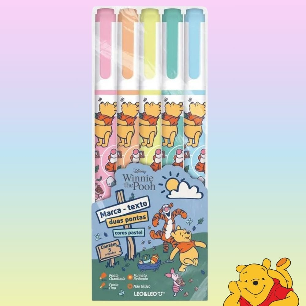 MARCA TEXTO DUAS PONTAS CORES PASTEL URSINHO POOH - ESTOJO C/ 5 CORES