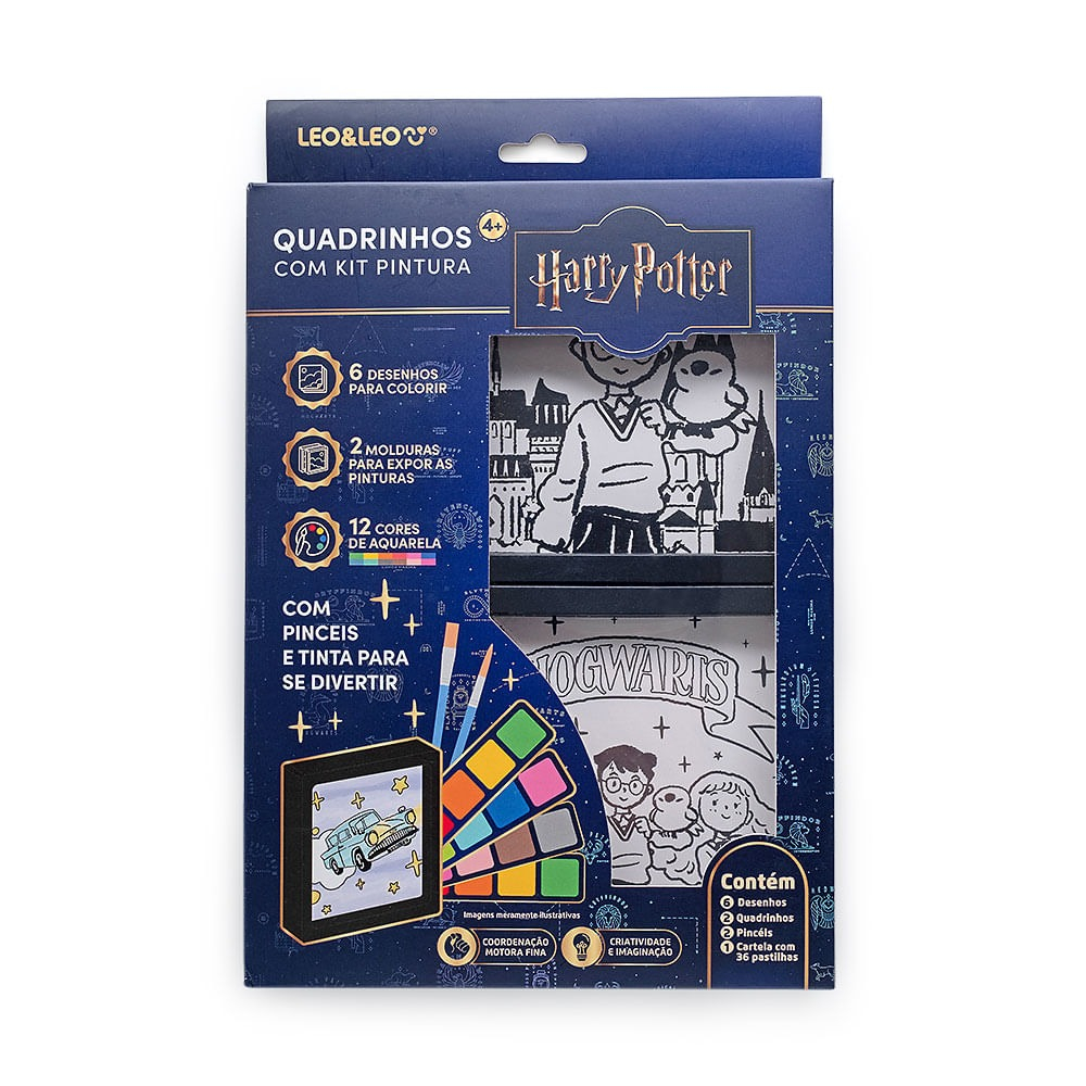 QUADRINHOS + KIT PINTURA HARRY POTTER - AQUARELA 12 CORES + 6 IMAGENS + 2 PINCEIS + 2 QUADROS