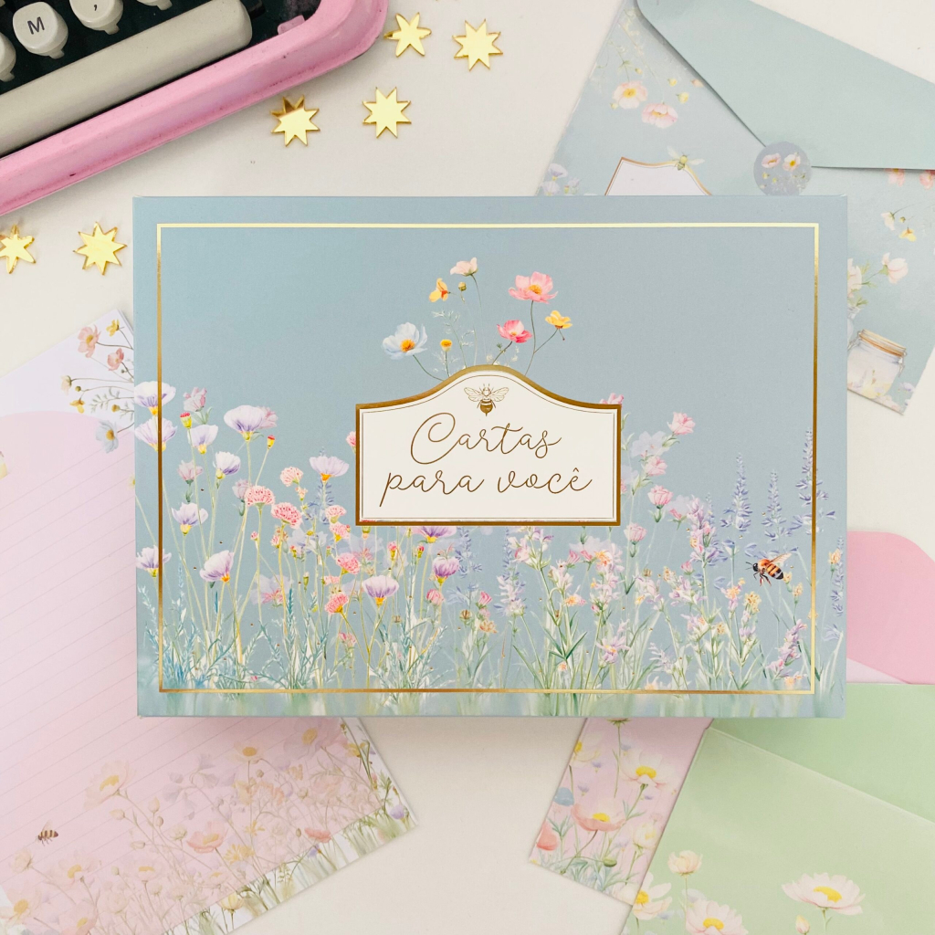 Caixa com Kit de Papeis de Carta Decorada Abelha