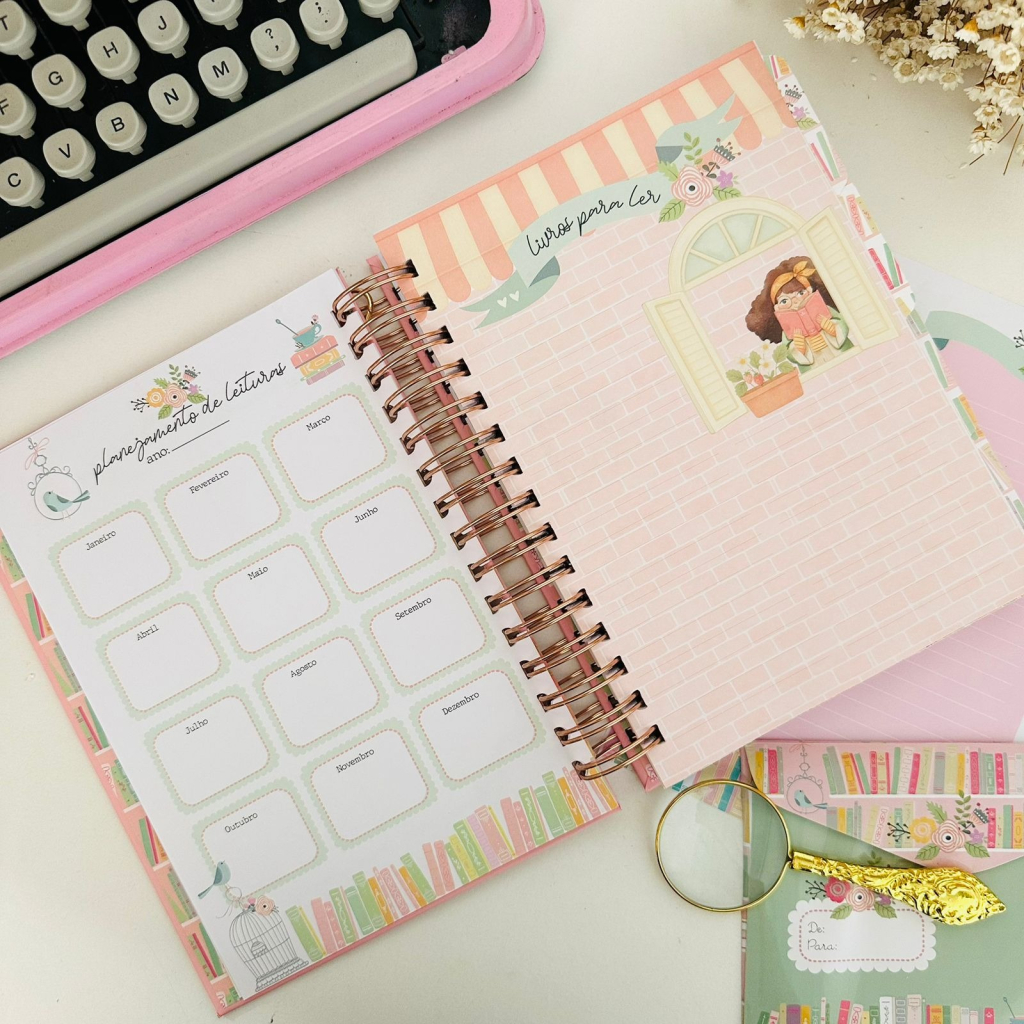 Diario de Leitura Dourado e Rosa Wire-o Reposicionavel
