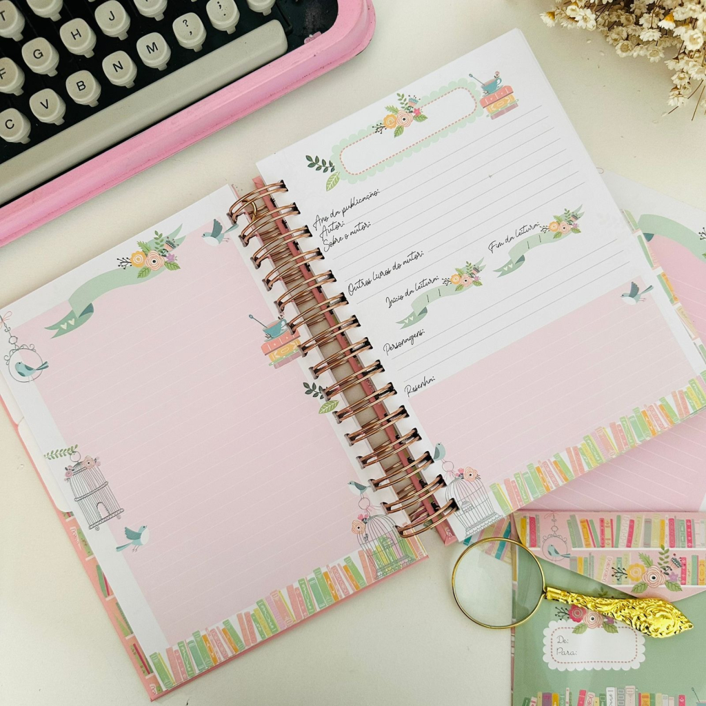 Diario de Leitura Dourado e Rosa Wire-o Reposicionavel