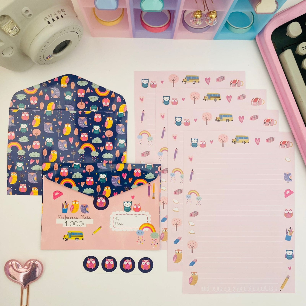 Kit Papeis de Carta com Envelopes La Palomita Professora Corujinha