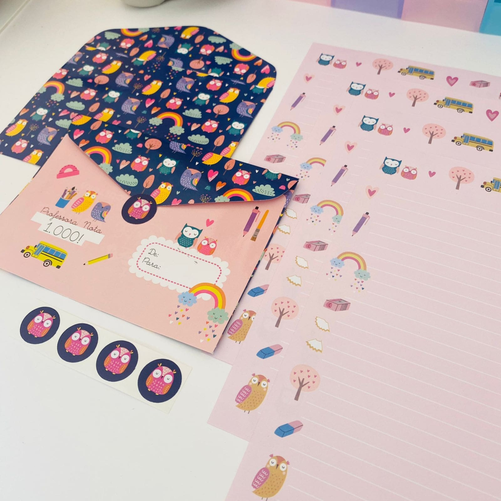Kit Papeis de Carta com Envelopes La Palomita Professora Corujinha