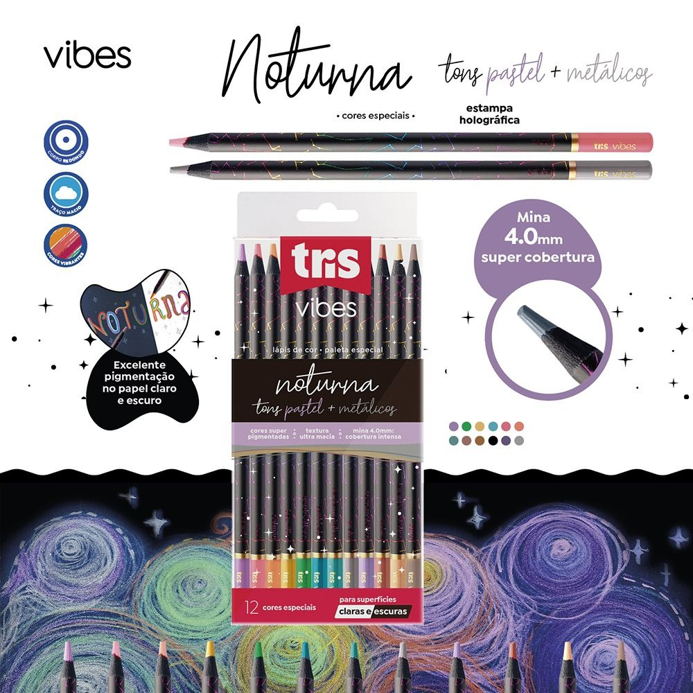 LAPIS COR TRIS VIBES NOTUR 12C - TONS PASTEL + METÁLICOS