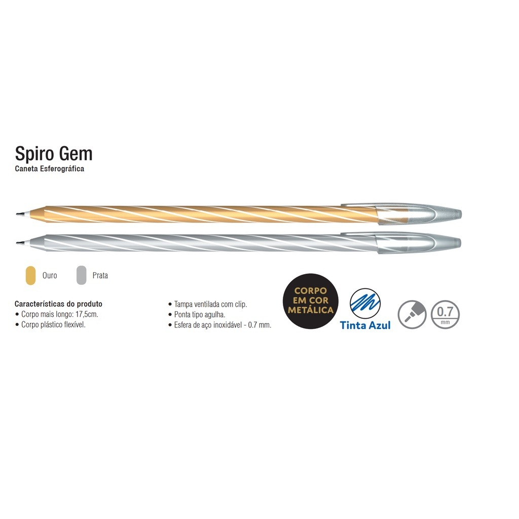 CANETA ESFEROGRÁFICA CIS SPIRO GEM (PRATA OU DOURADO)