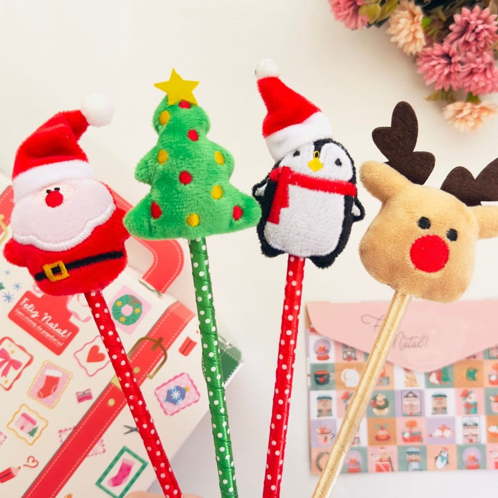 Caneta Natal Luxo com Enfeite de Pelucia