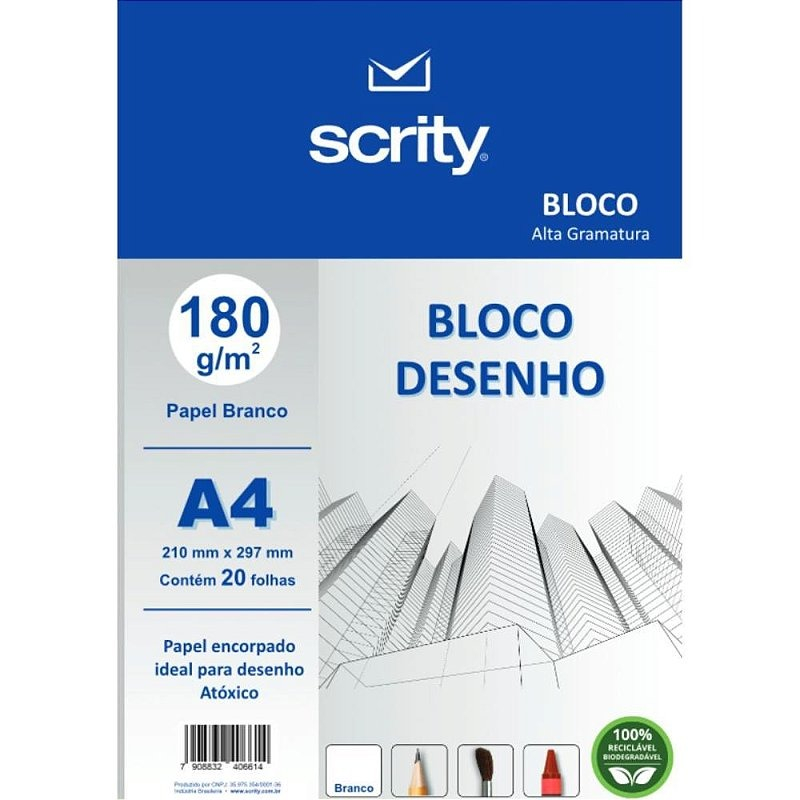 BLOCO PARA EDUCACAO ARTISTICA DESENHO A4 BRANCO 180G 20FLS. SCRITY